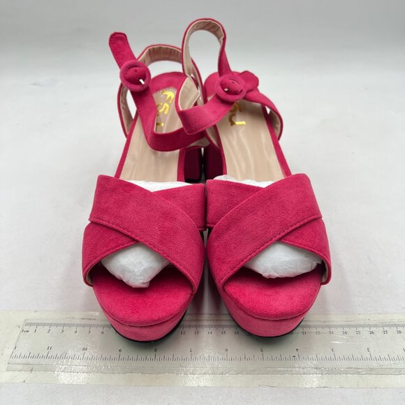 FSJ Hot Pink Peep Toe Chunky High Heels Platform Sandals Ankle Strap Suede Shoes - Picture 3 of 8